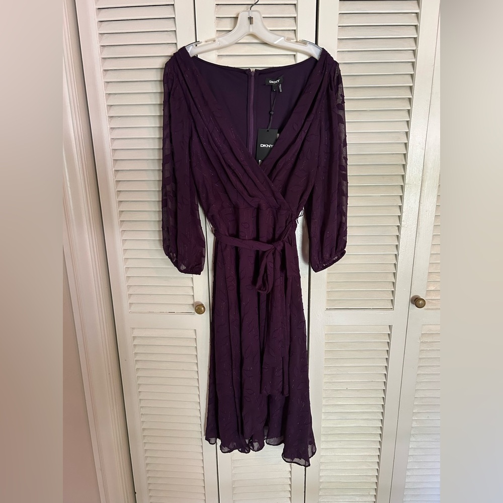 DKNY Faux Wrap 3/4 Sleeve Aubergine Burnout Self Tie Dress Sz 14